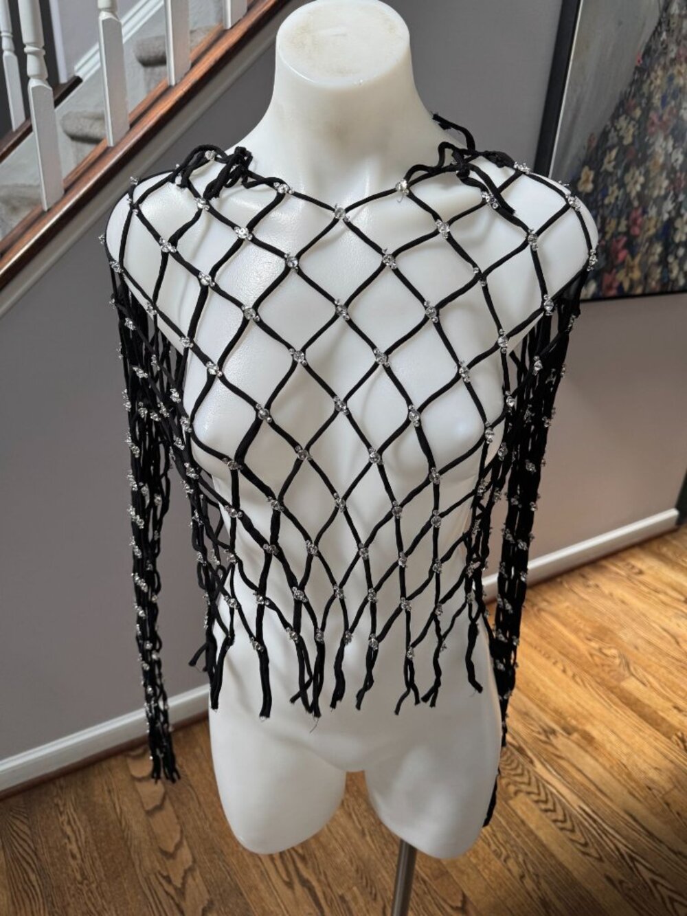 BEAU SOUCI crystal-embellished macramé lattice mesh long sleeve top black XS/S